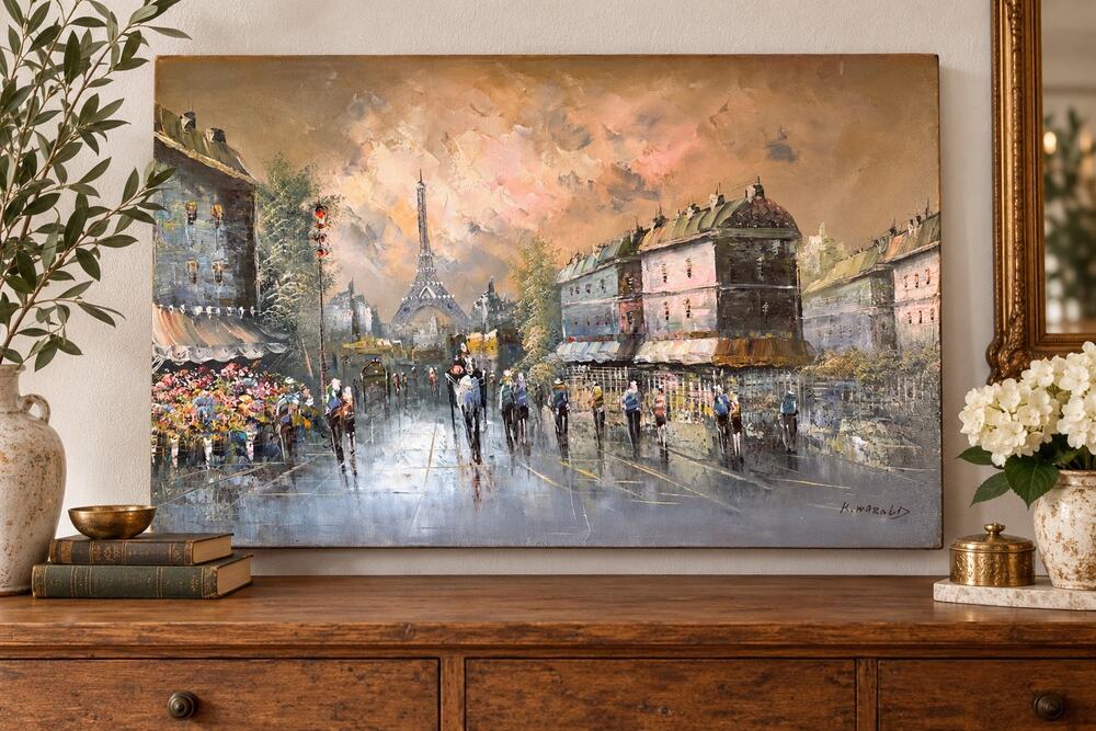 Vintage Original Oil Painting Paris Eiffel Tower Street Scene Signed 36x24 Art